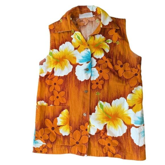 Bark cloth vintage Hawaiian tropical print button up sleeveless shirt - Picture 6 of 9